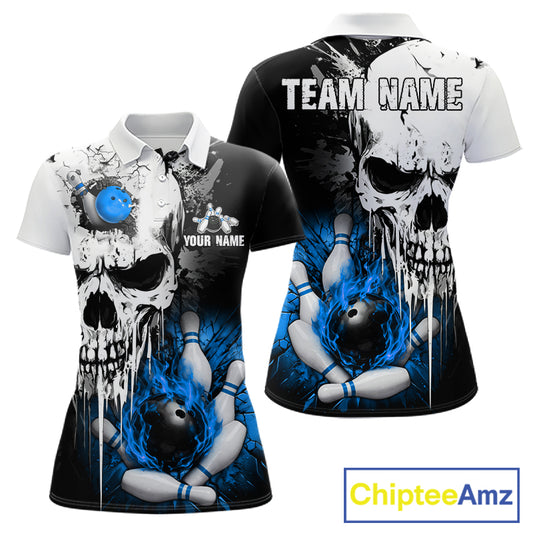 Personalized Blue Grunge Skull Bowling Shirt For Women, Bowling League Team Jersey Polo & 1/4 Zip TDM6419