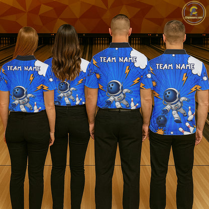 Blue Funny Astronaut Bowling Shirt For Women Custom Bowling Jersey, Bowling Uniform Polo & 1/4 Zip TDM6421