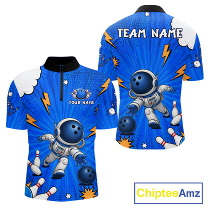 Blue Funny Astronaut Bowling Shirt For Men Custom Bowling Jersey, Bowling Uniform Polo & 1/4 Zip TDM6421