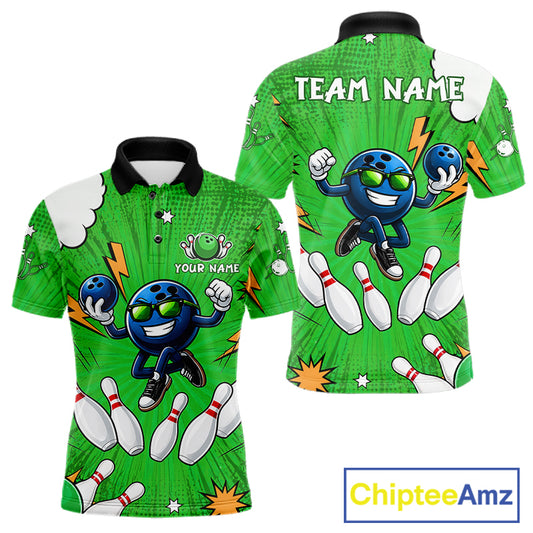 Green Funny Bowling Ball Jersey For Men Custom Bowling Team Shirt, Bowling Uniform Polo & 1/4 Zip TDM6422