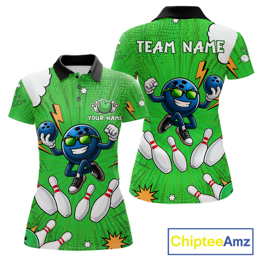 Green Funny Bowling Ball Jersey For Women Custom Bowling Team Shirt, Bowling Uniform Polo & 1/4 Zip TDM6422