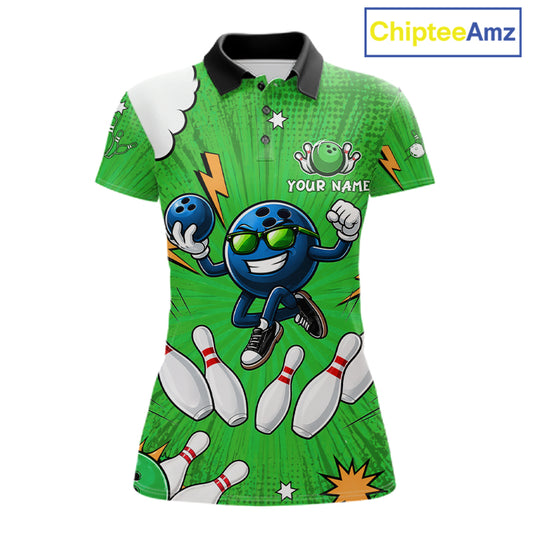 Green Funny Bowling Ball Jersey For Women Custom Bowling Team Shirt, Bowling Uniform Polo & 1/4 Zip TDM6422
