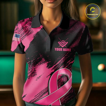 Woman Wearing Personalized Pink Ribbon 8 Ball Breast Cancer Awareness Billiard Polo Shirt with Athletic Performance Fit and Inspirational Awareness Artwork, Front View