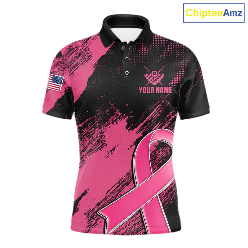 Pink Ribbon US Flag 8 Ball Breast Cancer Awareness Billiard Polo Shirt Featuring Patriotic American Flag Artwork for Pool League Players, Team Competition, and Awareness Events