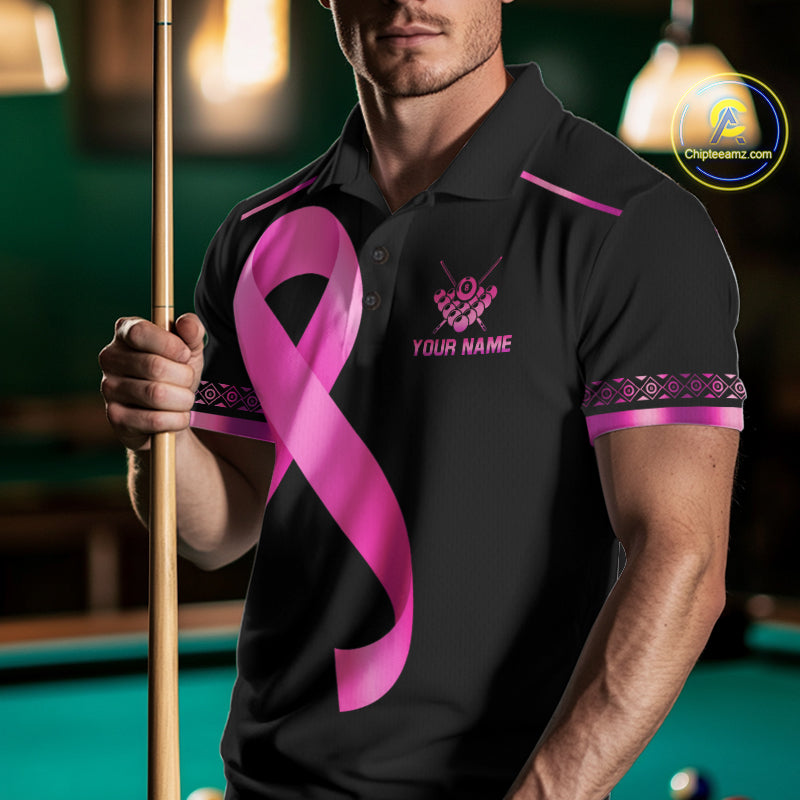 Man Wearing Pink Ribbon Crown 8 Ball Pool Breast Cancer Awareness Billiard Polo Shirt with Athletic Performance Fit and Elegant Awareness Artwork, Front View
