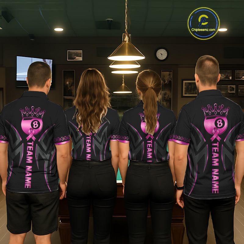 Pool Team Wearing Pink Ribbon Crown 8 Ball Custom Billiard Team Jerseys Featuring the Complete Back Artwork, Back View