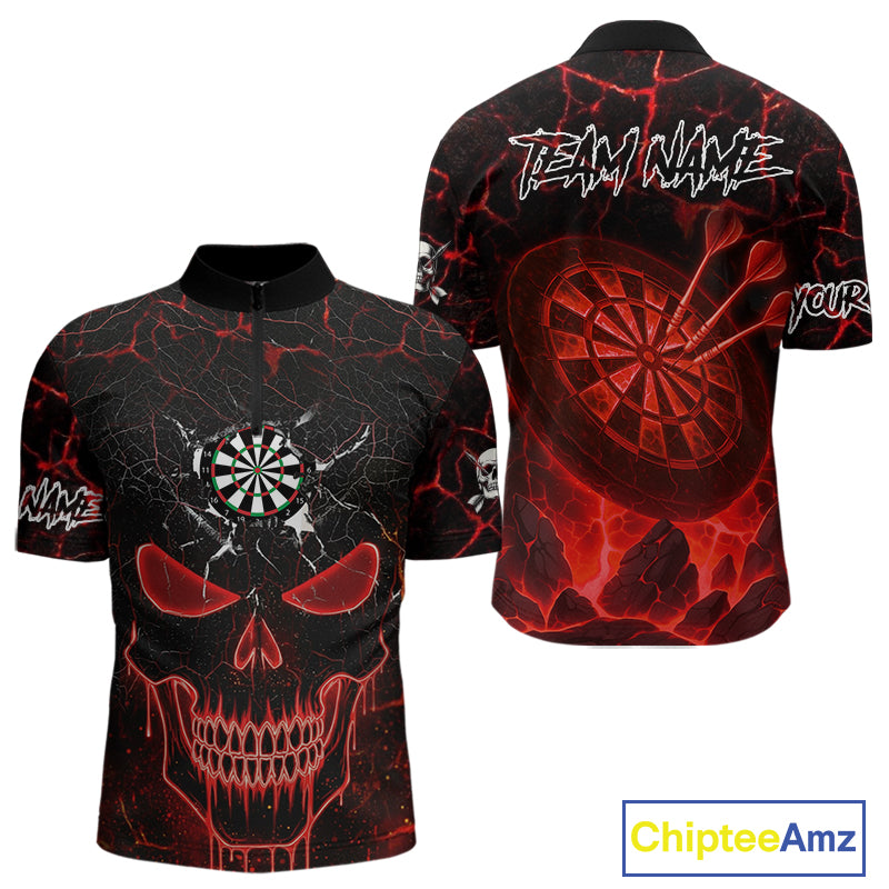Personalized Skull Cracks Pattern Red Darts Shirt For Men Custom Dart League Jersey Polo & 1/4 Zip TDM5104