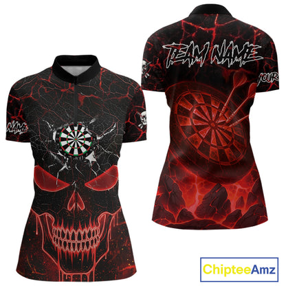 Personalized Skull Cracks Pattern Red Darts Shirt For Women Custom Dart League Jersey Polo & 1/4 Zip TDM5104