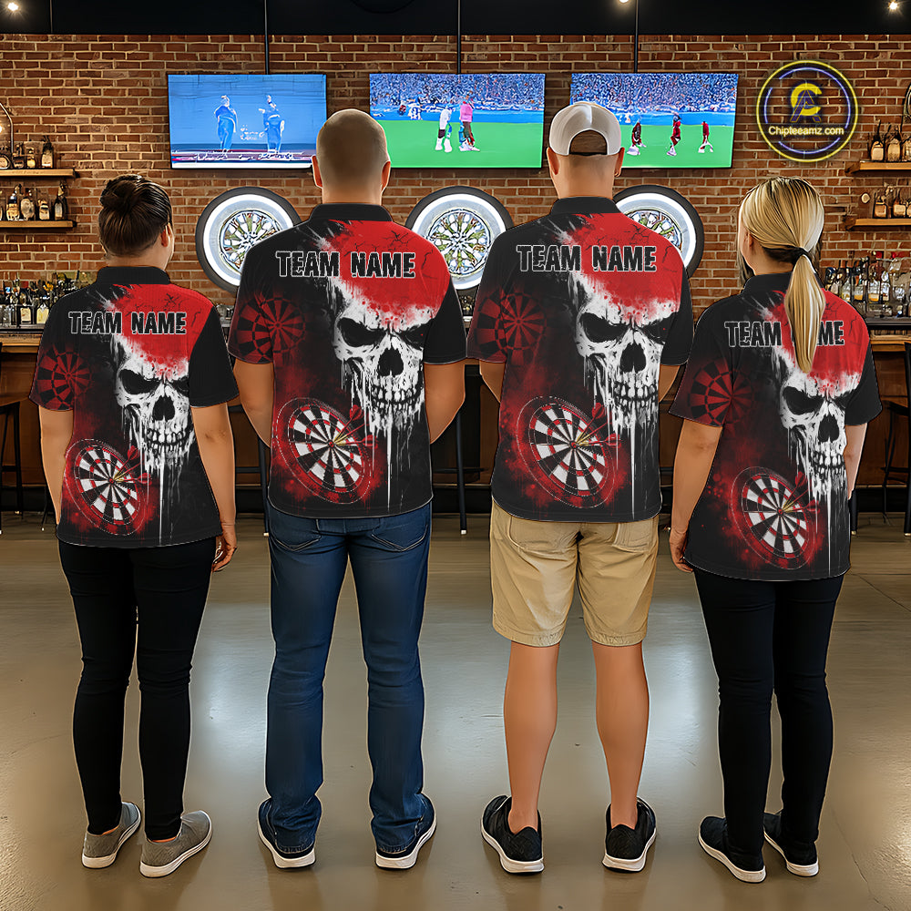 Personalized Red Grunge Skull Darts Shirt For Women Custom Darts Jersey Team Polo & Quarter Zip TDM6430