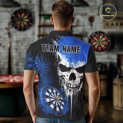 Personalized Blue Grunge Skull Darts Shirt For Men Custom Darts Jersey Team Polo & 1/4 Zip TDM6432