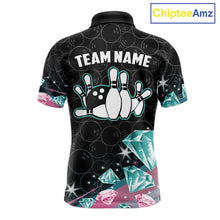 Load image into Gallery viewer, Men's bowling polo shirt with pink and turquoise diamond graphics, featuring customizable player name and team name text.