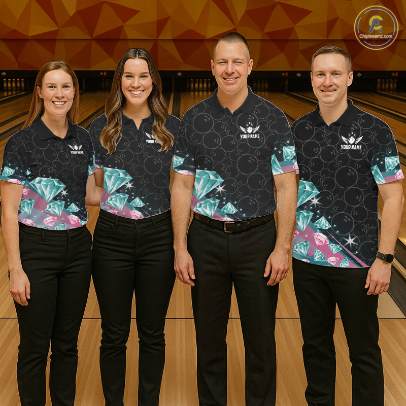 Funny Pink And Turquoise Diamonds Bowling Shirt For Women, Custom Bowling Team Jersey Polo & 1/4 Zip TDM6627