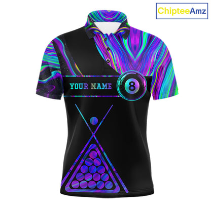 Neon purple blue 8 ball tie dye custom billiard polo shirt for men, pool team jersey and tournament apparel.