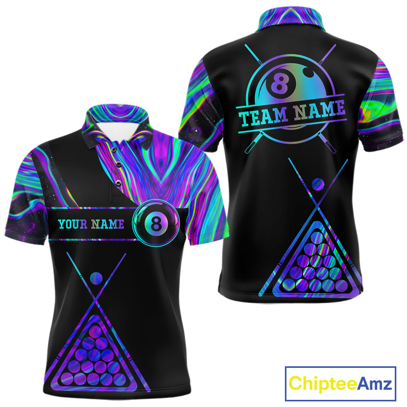 Neon purple blue 8 ball tie dye custom billiard polo shirt for men, pool team jersey and tournament apparel.