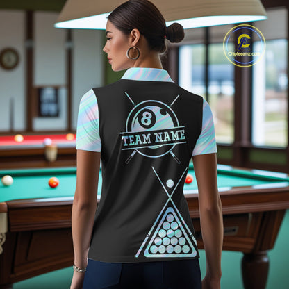 Woman Wearing Neon Holographic Blue 8 Ball Pool Tie Dye Custom Billiard Team Jersey Featuring the Complete Rear Graphic Design, Back View