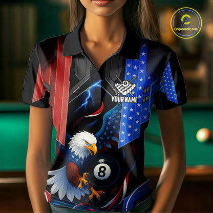 American Flag Eagle 8 Ball Billiard Polo & 1/4 Zip For Women Custom Billiard Jersey, Pool Team Shirt TDM5112