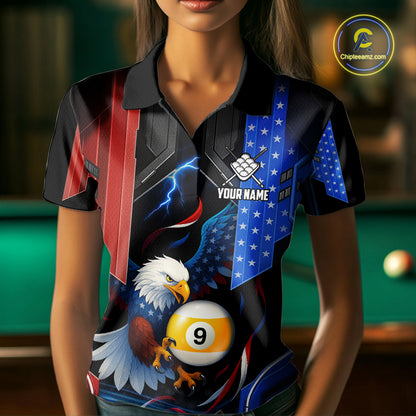 American Flag Eagle 9 Ball Billiard Polo & 1/4 Zip For Women Custom Billiard Jersey, Pool Team Shirt TDM5113