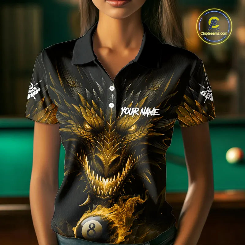 Personalized Dragon 8 Ball Fire Flame 3D Billiard Shirt For Women, Billiard League Team Jersey|Yellow TDM5595