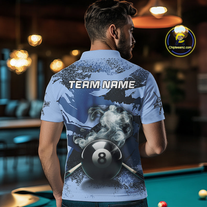 Personalized 8 Ball Pool Smoke Custom Blue Camo Men Polo Shirts, Billiard Snooker Outfits TDM1014