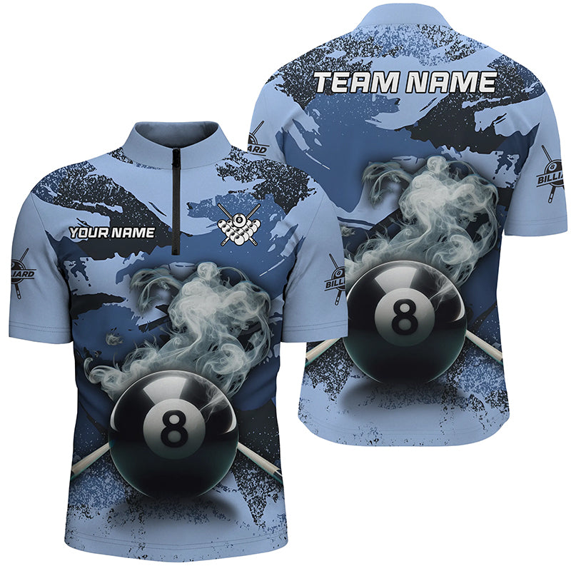 8 Ball Pool Smoke Custom Blue Camo Men Quarter-Zip Shirts, Billiard Snooker Outfits TDM1014