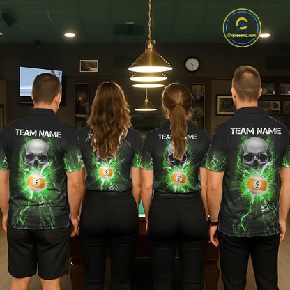 Green 8 & 9 Ball Skull Billiard Shirt For Women Custom Glass Break Pool Team Jersey Polo & 1/4 Zip TDM5972