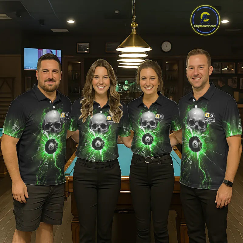 Green 8 & 9 Ball Skull Billiard Shirt For Women Custom Glass Break Pool Team Jersey Polo & 1/4 Zip TDM5972