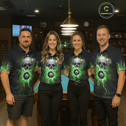 Green 8 & 9 Ball Skull Billiard Shirt For Women Custom Glass Break Pool Team Jersey Polo & 1/4 Zip TDM5972