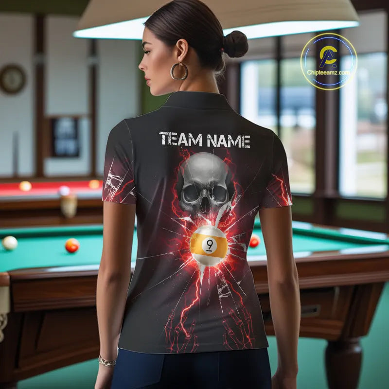 Red 8 Ball & 9 Ball Skull Billiard Shirt For Women Custom Glass Break Pool Team Jersey Polo, 1/4 Zip TDM5973