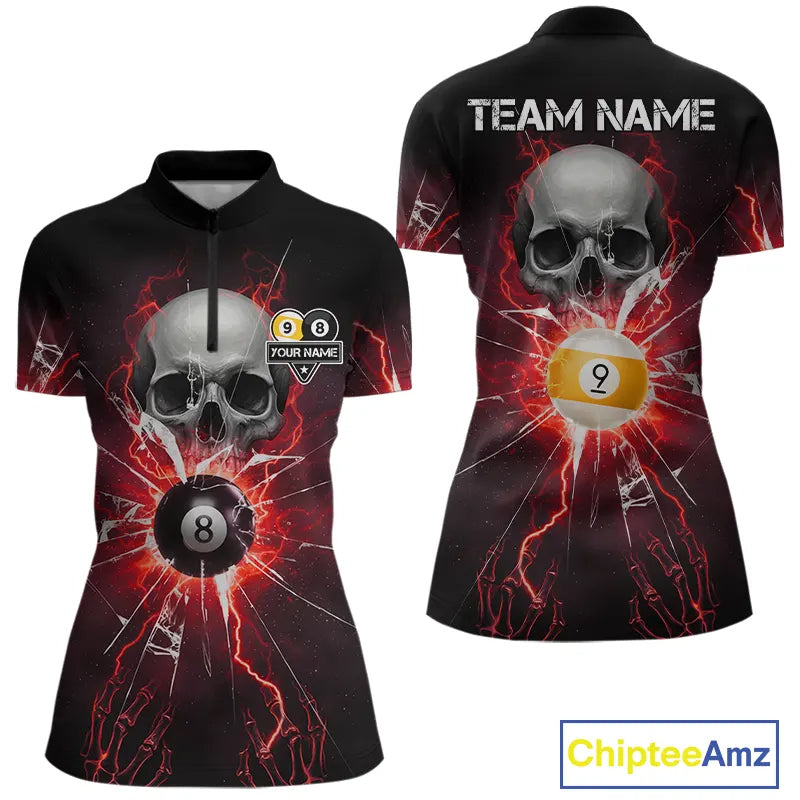 Red 8 Ball & 9 Ball Skull Billiard Shirt For Women Custom Glass Break Pool Team Jersey Polo, 1/4 Zip TDM5973