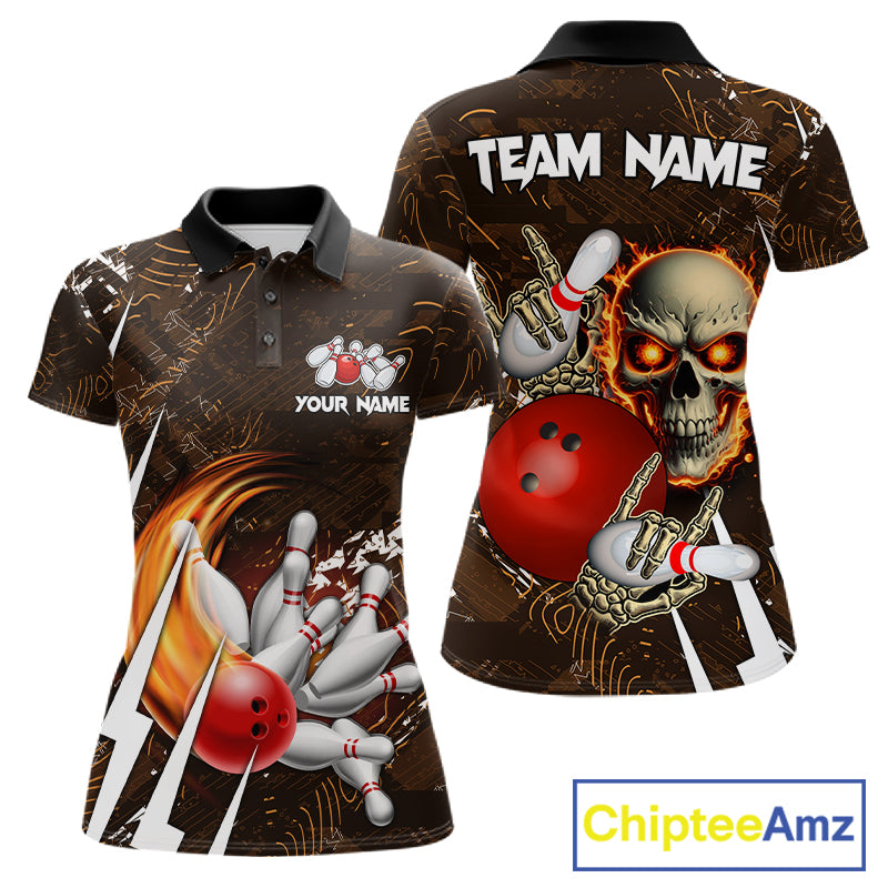 Personalized Skull Bowling Jersey For Women Custom Bowling Team Shirt Polo & Quarter Zip | Orange TDM6205