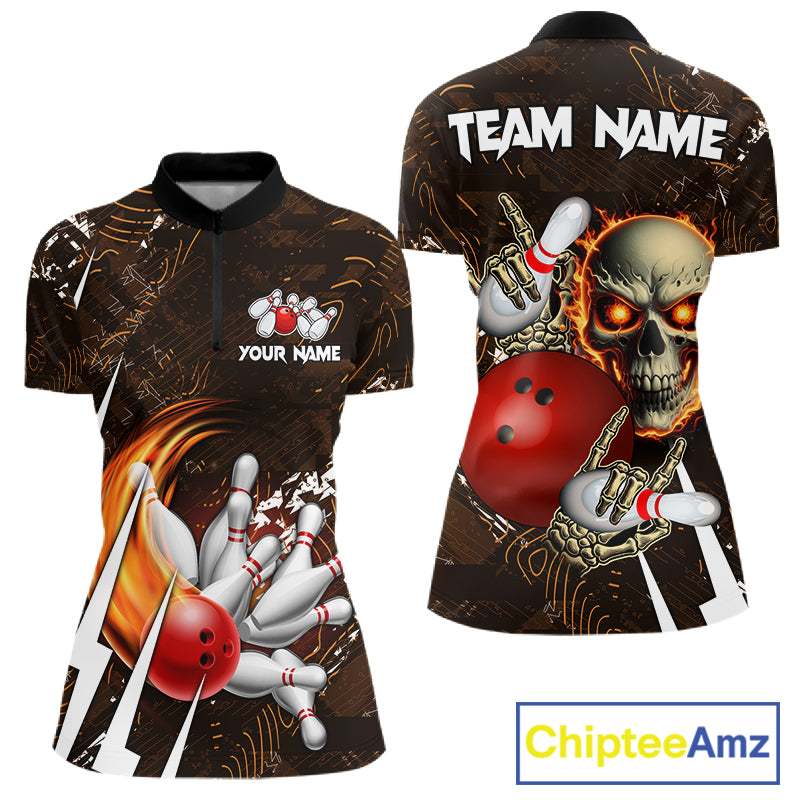 Personalized Skull Bowling Jersey For Women Custom Bowling Team Shirt Polo & Quarter Zip | Orange TDM6205