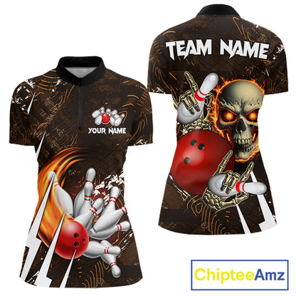 Personalized Skull Bowling Jersey For Women Custom Bowling Team Shirt Polo & Quarter Zip | Orange TDM6205