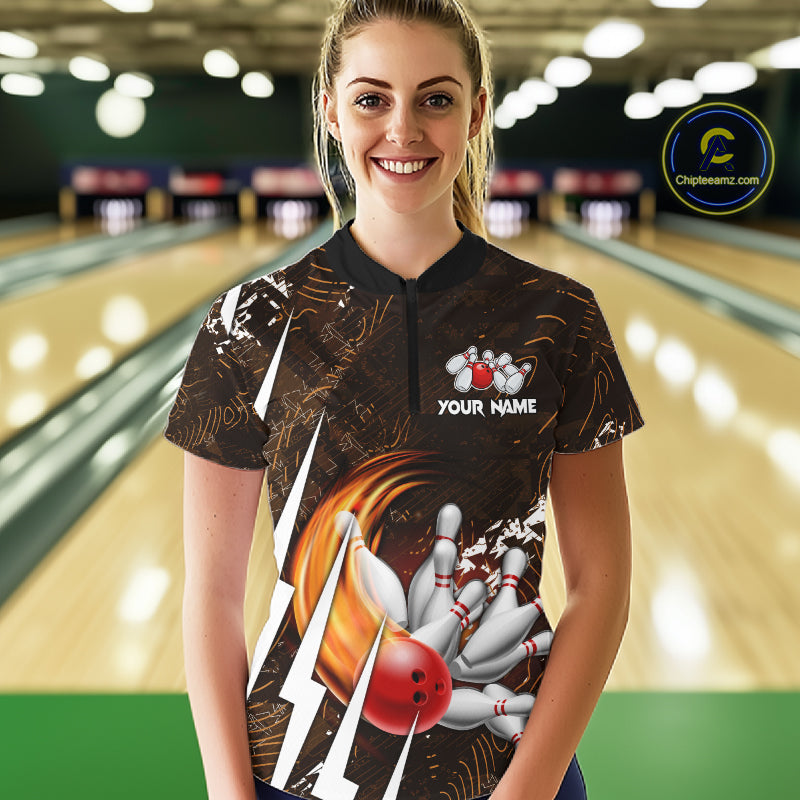 Personalized Skull Bowling Jersey For Women Custom Bowling Team Shirt Polo & Quarter Zip | Orange TDM6205