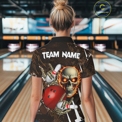 Personalized Skull Bowling Jersey For Women Custom Bowling Team Shirt Polo & Quarter Zip | Orange TDM6205