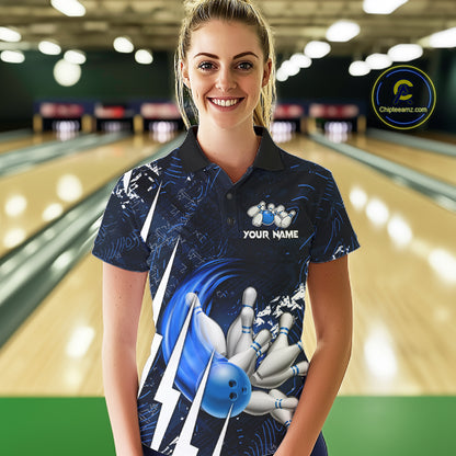 Personalized Skull Bowling Jersey For Women Custom Bowling Team Shirt Polo & Quarter Zip | Blue TDM6206