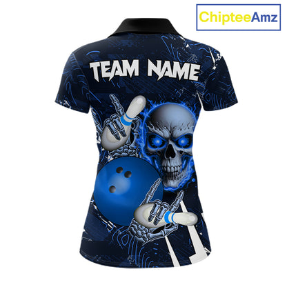Personalized Skull Bowling Jersey For Women Custom Bowling Team Shirt Polo & Quarter Zip | Blue TDM6206