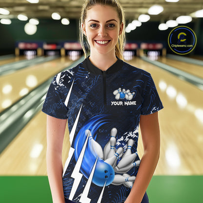 Personalized Skull Bowling Jersey For Women Custom Bowling Team Shirt Polo & Quarter Zip | Blue TDM6206