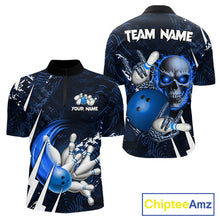Load image into Gallery viewer, Personalized Skull Bowling Jersey For Men Custom Bowling Team Shirt Polo &amp; Quarter Zip | Blue TDM6206