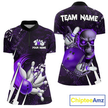 Load image into Gallery viewer, Personalized Skull Bowling Jersey For Women Custom Bowling Team Shirt Polo &amp; Quarter Zip | Purple TDM6207