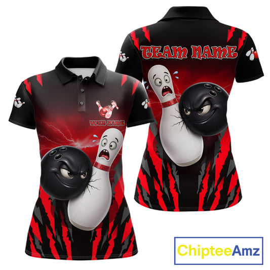 Funny Bowling Ball Custom Black And Red Bowling Shirt For Women, Bowling Team Jersey Polo & 1/4 Zip TDM6210