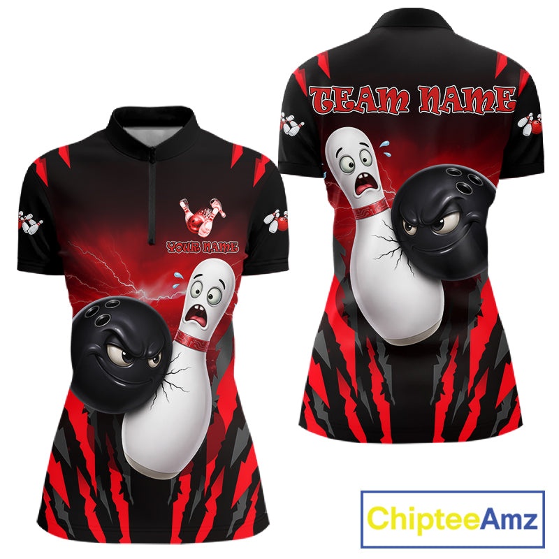 Funny Bowling Ball Custom Black And Red Bowling Shirt For Women, Bowling Team Jersey Polo & 1/4 Zip TDM6210