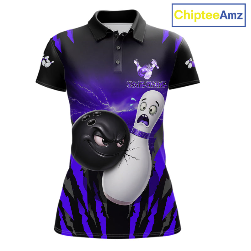 Funny Bowling Ball Custom Black And Purple Women's Bowling Shirt, Bowling Team Jersey Polo & 1/4 Zip TDM6212