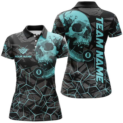 Funny Skull Holding 8 Ball Billiard Custom Women Polo & Quarter-Zip Shirt, Billiard Pool Jersey Shirt TDM1715