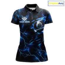 Load image into Gallery viewer, Custom blue thunder lightning pool jersey for women with bold 8 ball billiard artwork.