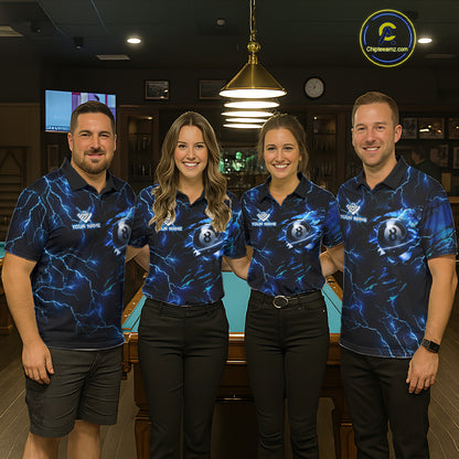 Pool team wearing matching blue thunder billiard jerseys during league play front view.
