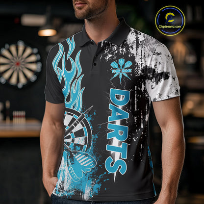 Personalized Blue Grunge Mens Dart Shirts Custom Dart Jerseys Team Polo & 1/4 Zip, Darts Uniform TDM5122