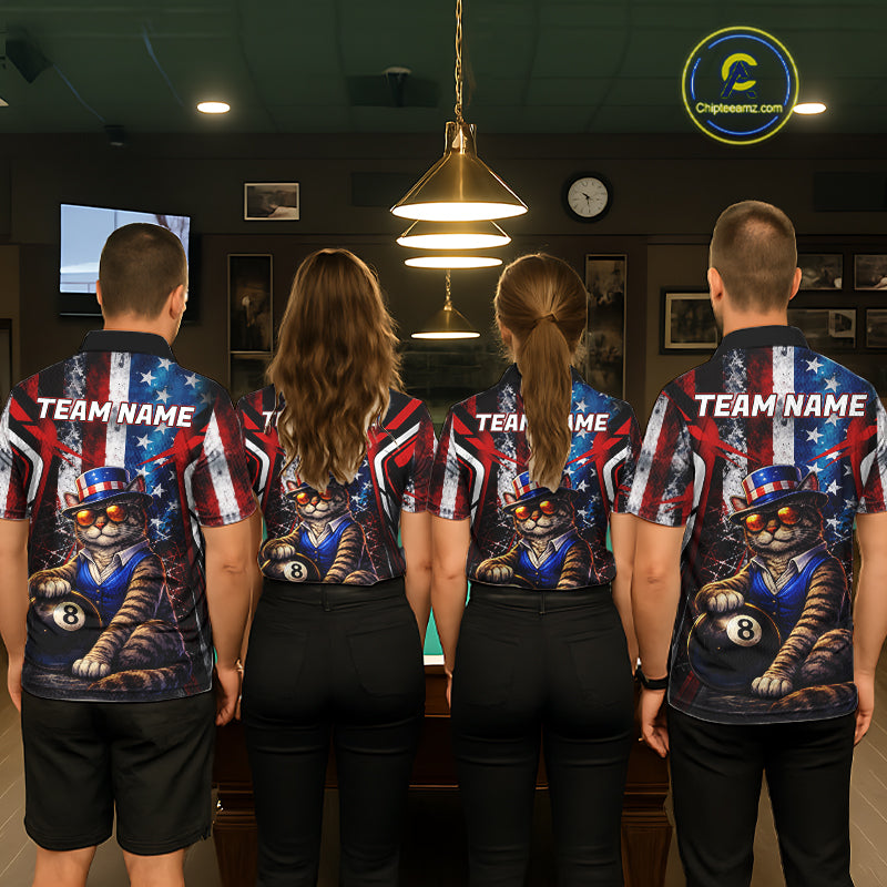 Funny Cat 8 Ball Billiard Shirt For Men Custom Vintage US Flag Pool Team Jersey Polo & 1/4 Zip TDM5983