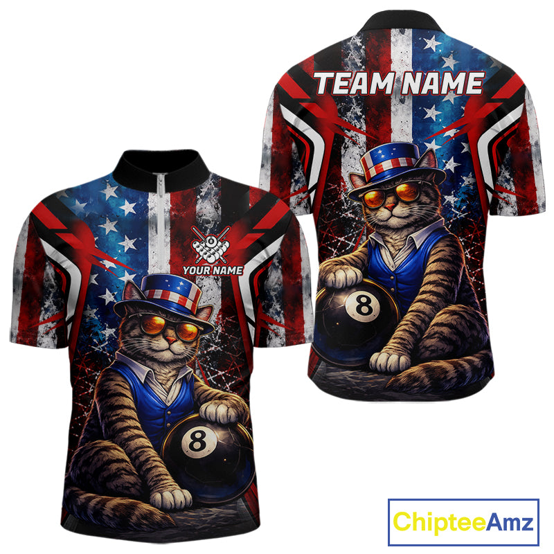 Funny Cat 8 Ball Billiard Shirt For Men Custom Vintage US Flag Pool Team Jersey Polo & 1/4 Zip TDM5983