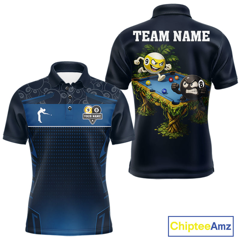 Blue Funny Tropical 8 Ball & 9 Ball Billiard Shirt For Men Custom Pool Team Jersey Polo & 1/4 Zip TDM6444