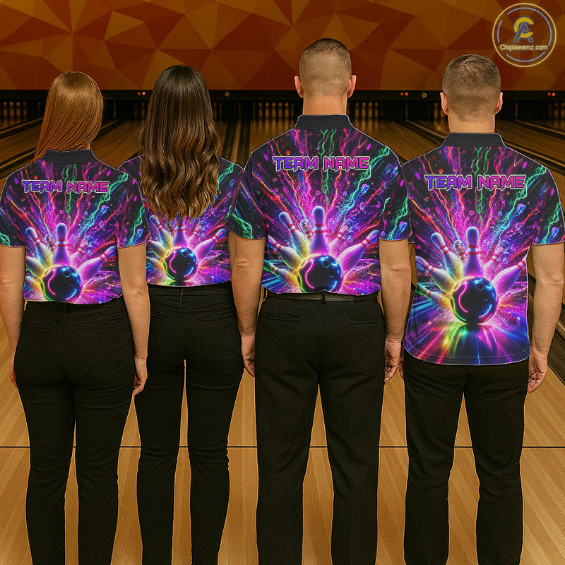 Bowling team wearing matching colorful glowing bowling jerseys back view.